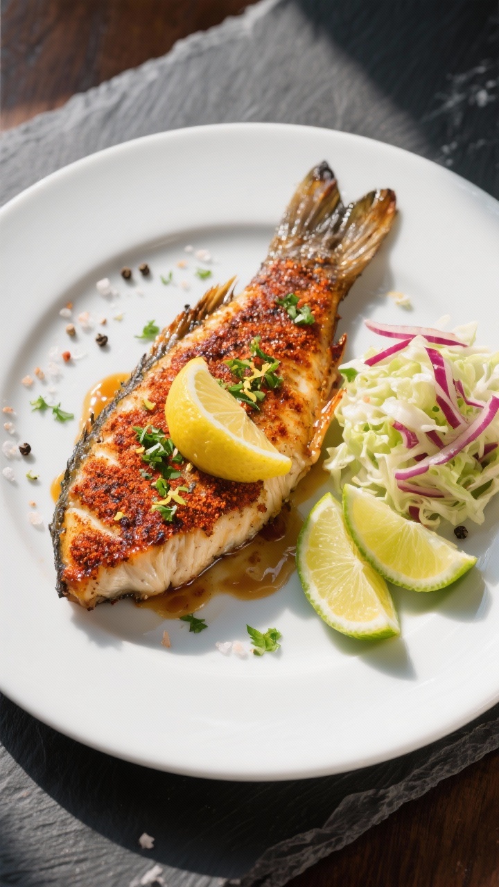 Final plated overhead shot: Beautifully plated grilled catfish fillet with a well-seared, smoky papr
