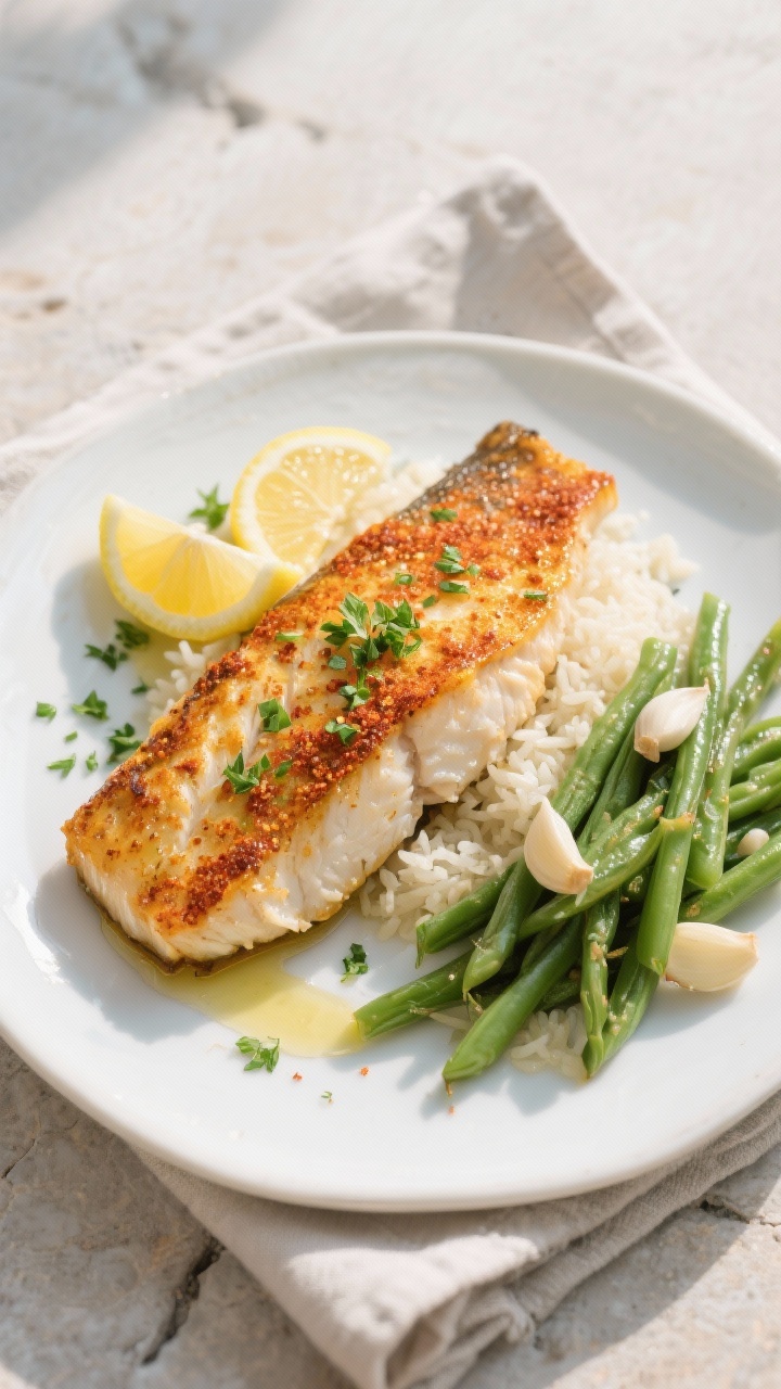 Final plated overhead shot: Restaurant-quality presentation of air fryer halibut on a white ceramic 