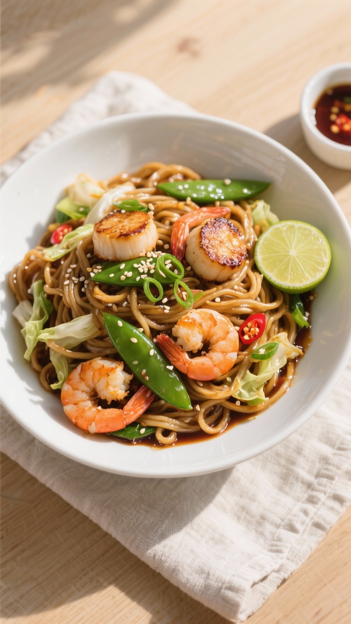 Final plated, overhead: Tasty top-down shot of seafood noodles piled in a wide white bowl, glossy st