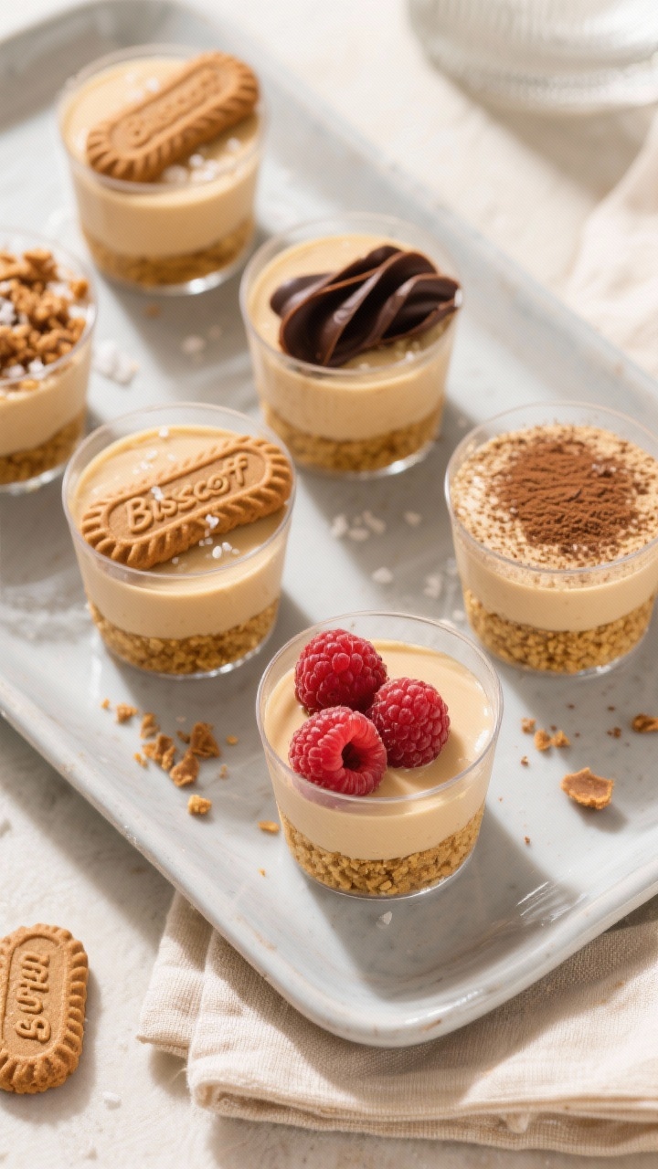 Final plated overhead: Top-down shot of multiple no-bake Biscoff dessert cups neatly arranged on a c