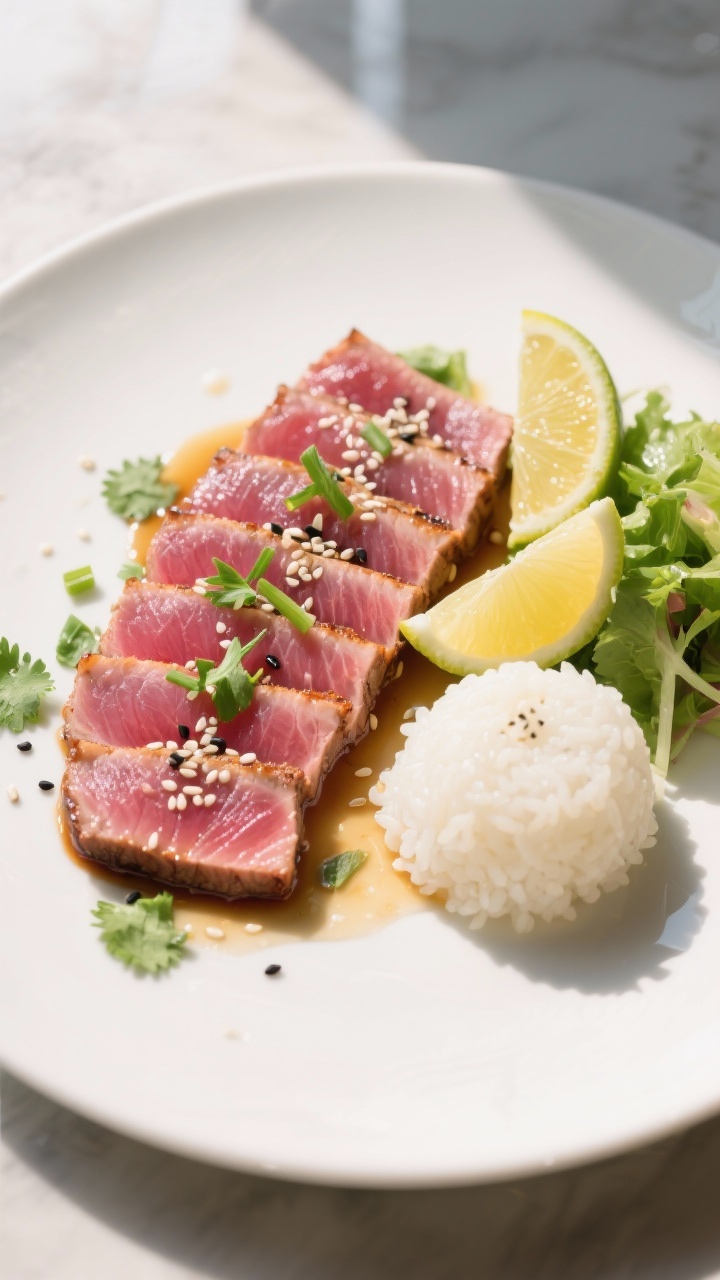 Final plated, restaurant-style presentation: Sliced medium-rare ahi tuna steak, thick strips fanned