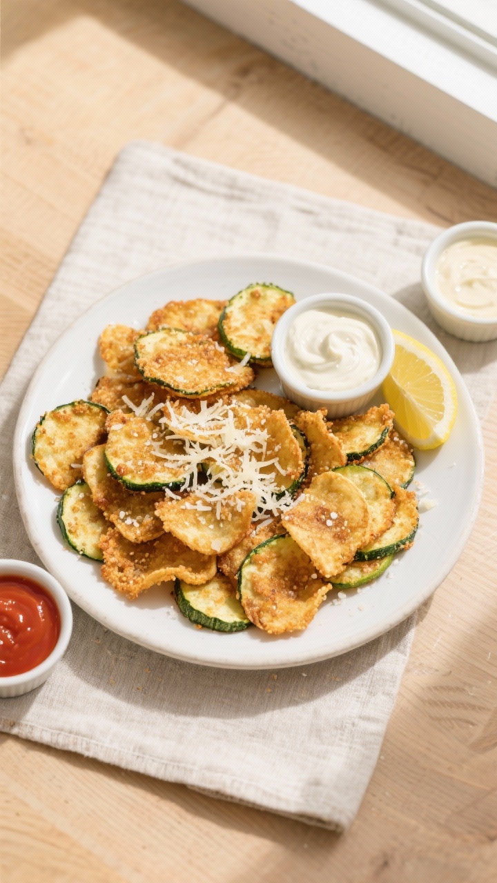 Final plated, tasty top view: Overhead shot of a warm platter of crispy air fryer zucchini chips arr