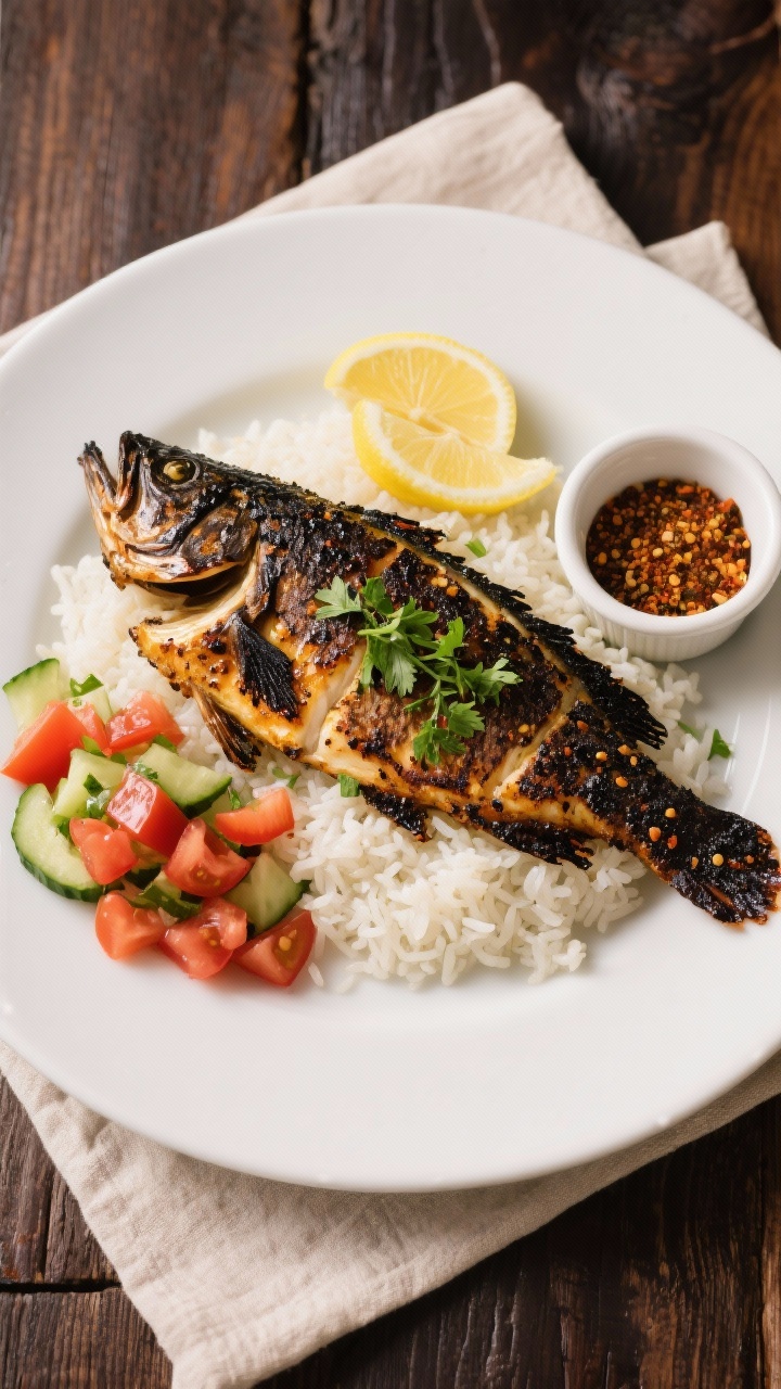 Final plated, tasty top view: Overhead shot of beautifully plated blackened catfish on a matte white