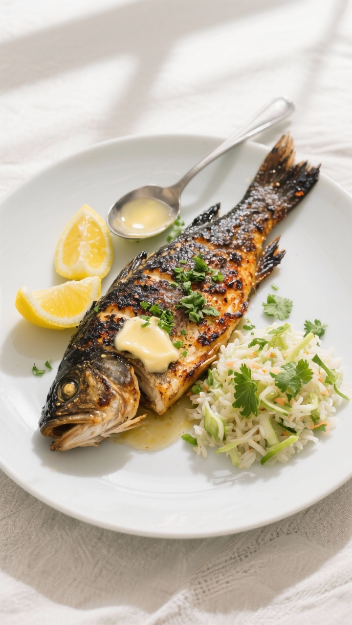 Final plated, tasty top view: Overhead shot of beautifully plated blackened walleye on a matte white