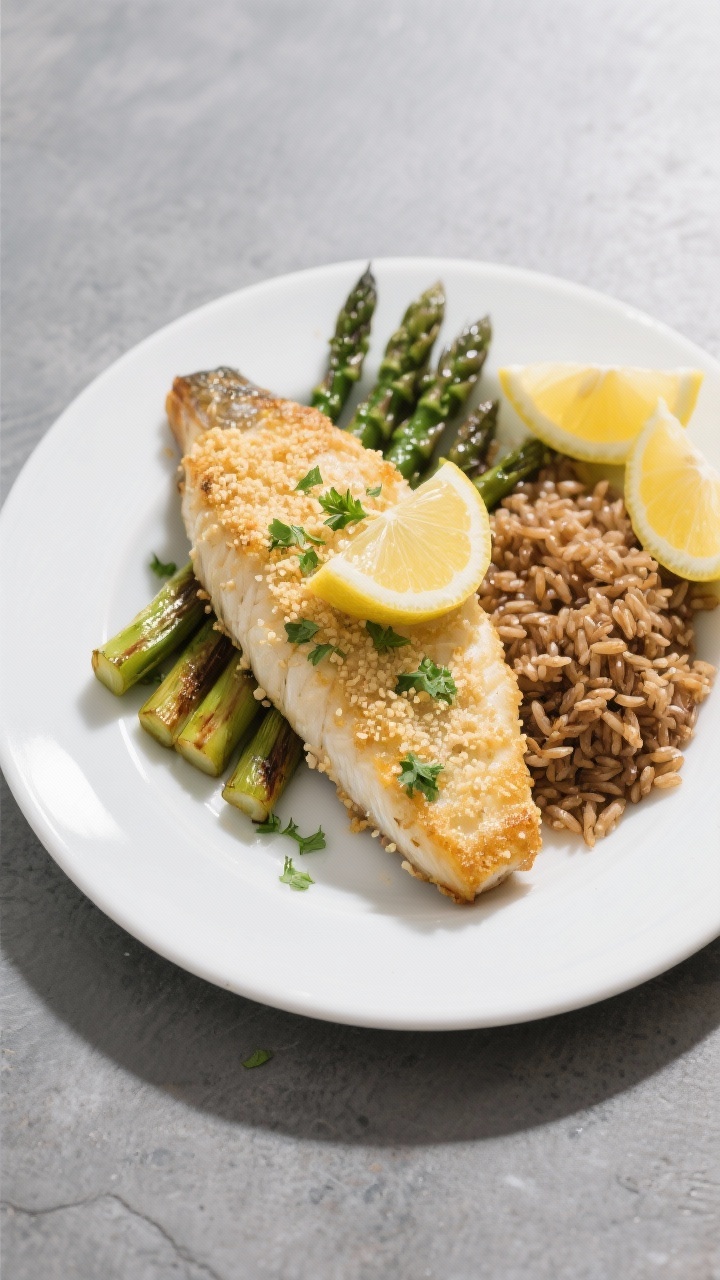 Final plated, tasty top view: Overhead shot of beautifully plated baked catfish with a light golden 