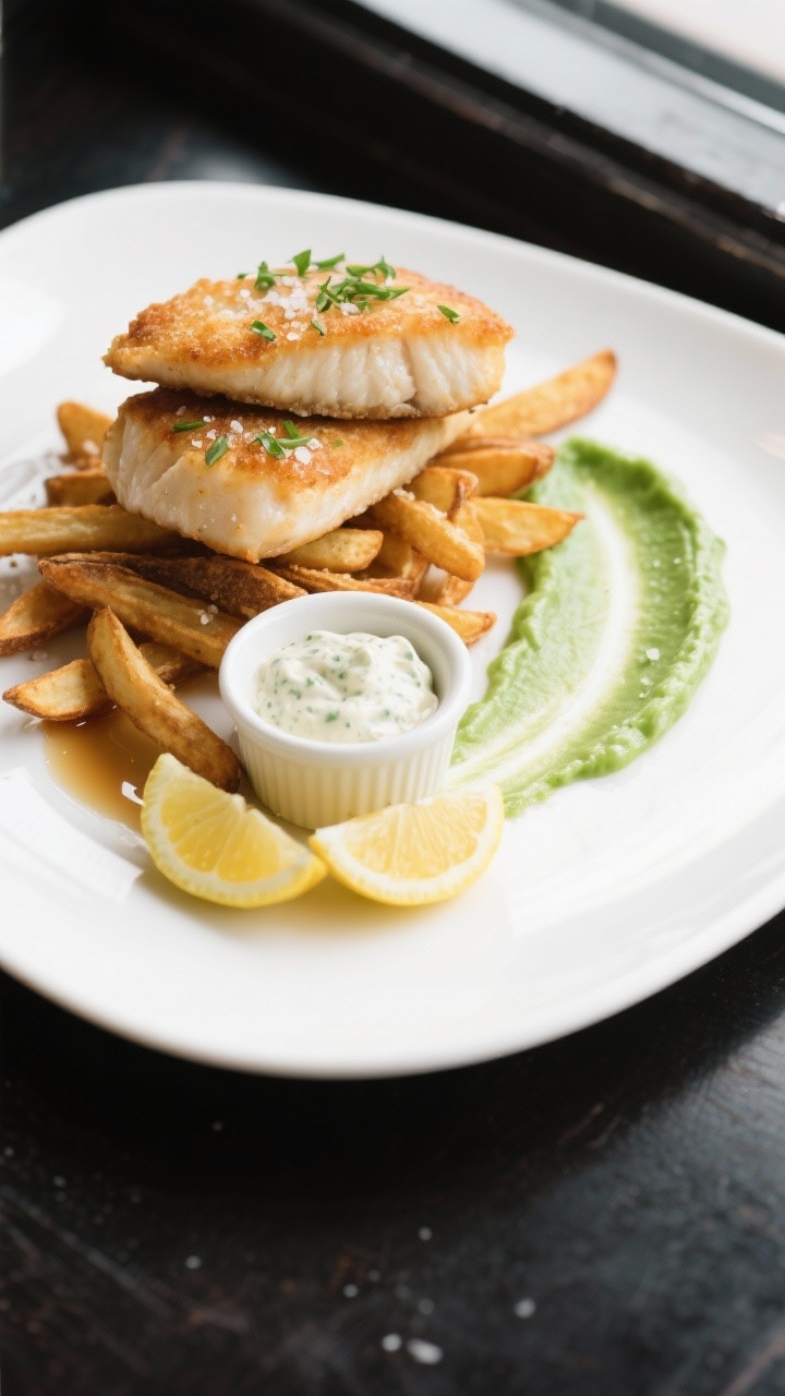 Final plated, tasty top view: Overhead shot of restaurant-style fish and chips on a wide, shallow wh