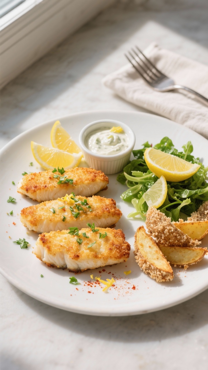 Final plated, top-down presentation: Overhead shot of air-fried cod—four crisp, golden fillets on 