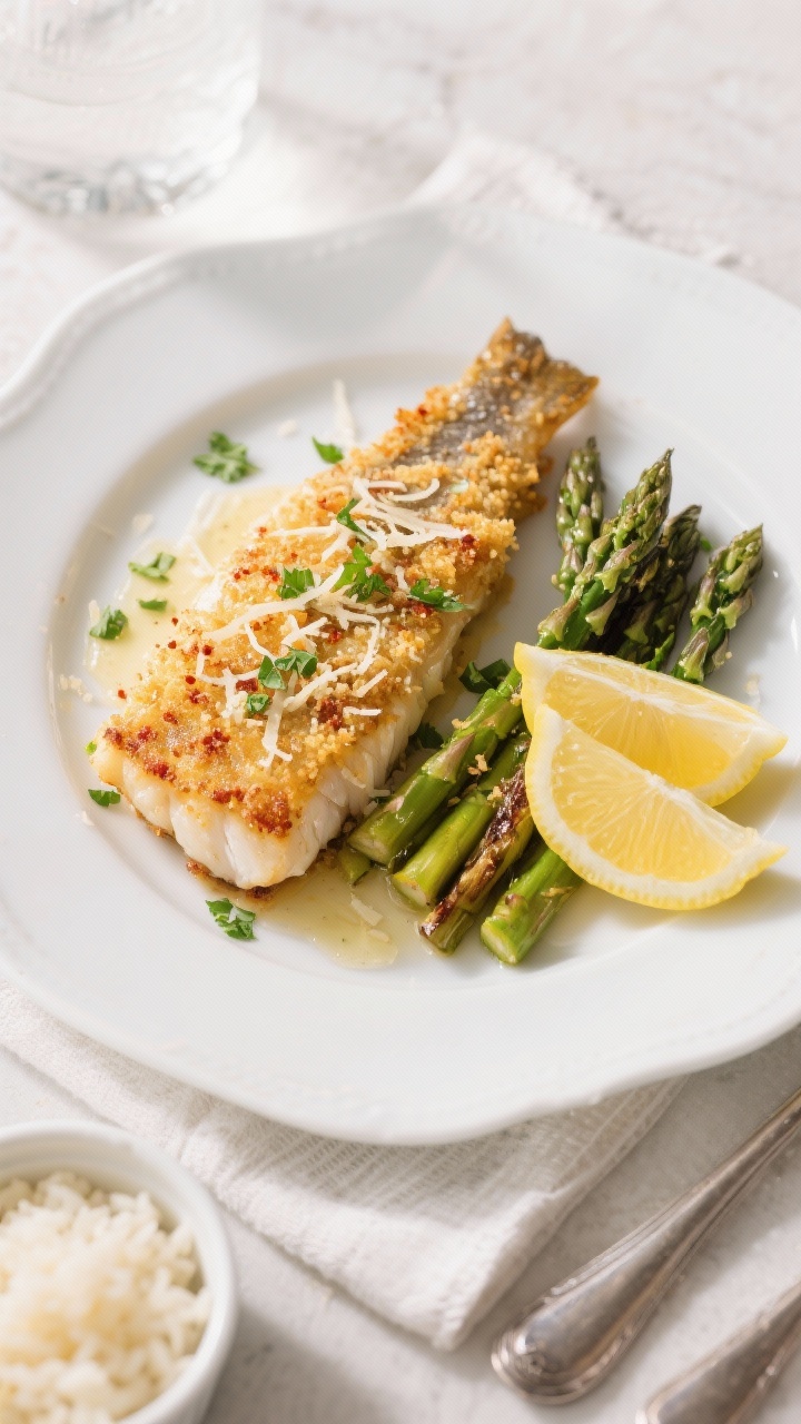 Final plated/top view: Overhead shot of a finished Parmesan crusted walleye fillet on a white cerami
