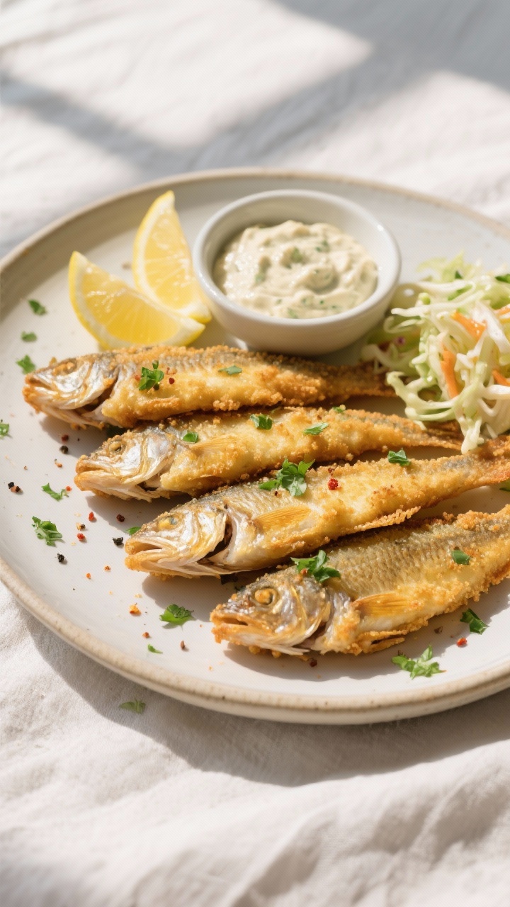 Final plated top view: Overhead shot of a platter of fried perch fillets, evenly golden and flaky, s