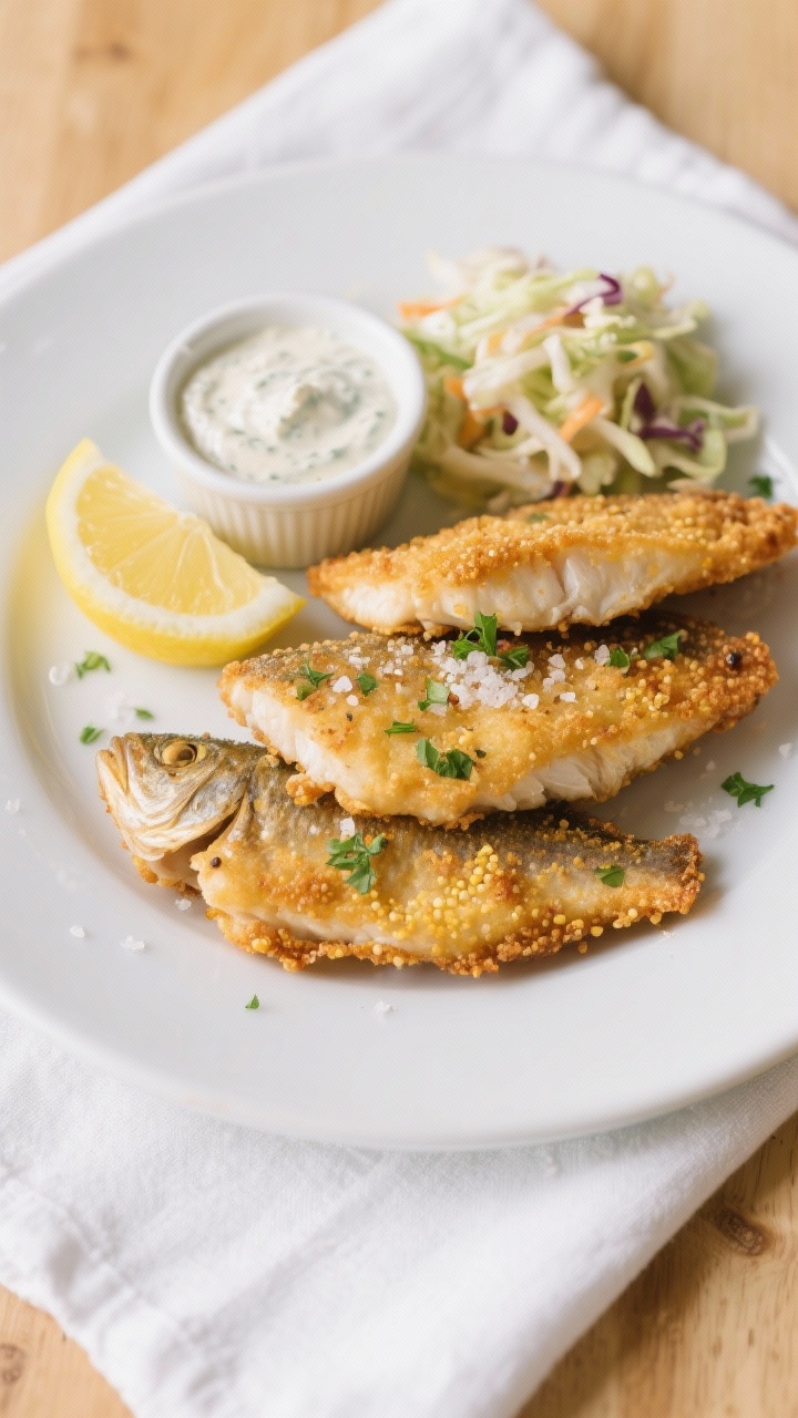 Final plated, top view: Overhead shot of crispy fried walleye fillets stacked slightly offset on a m