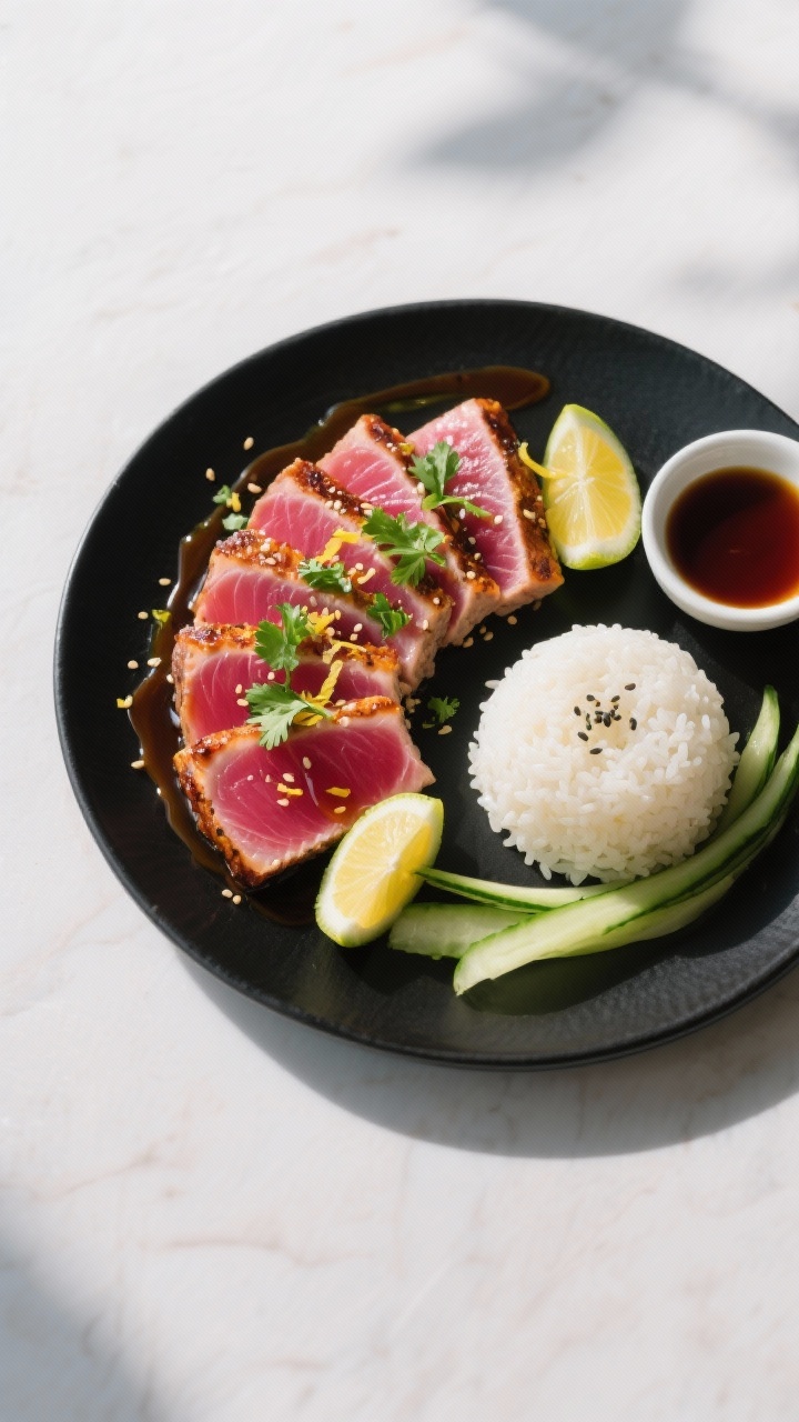 Final plated top view: Sliced rare bluefin tuna (1/2-inch slices) fanned on a matte black plate, cen