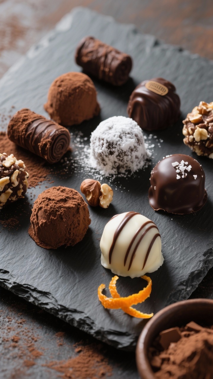 Final presentation/overhead shot: An elegant assortment of finished 5-ingredient chocolate truffles 