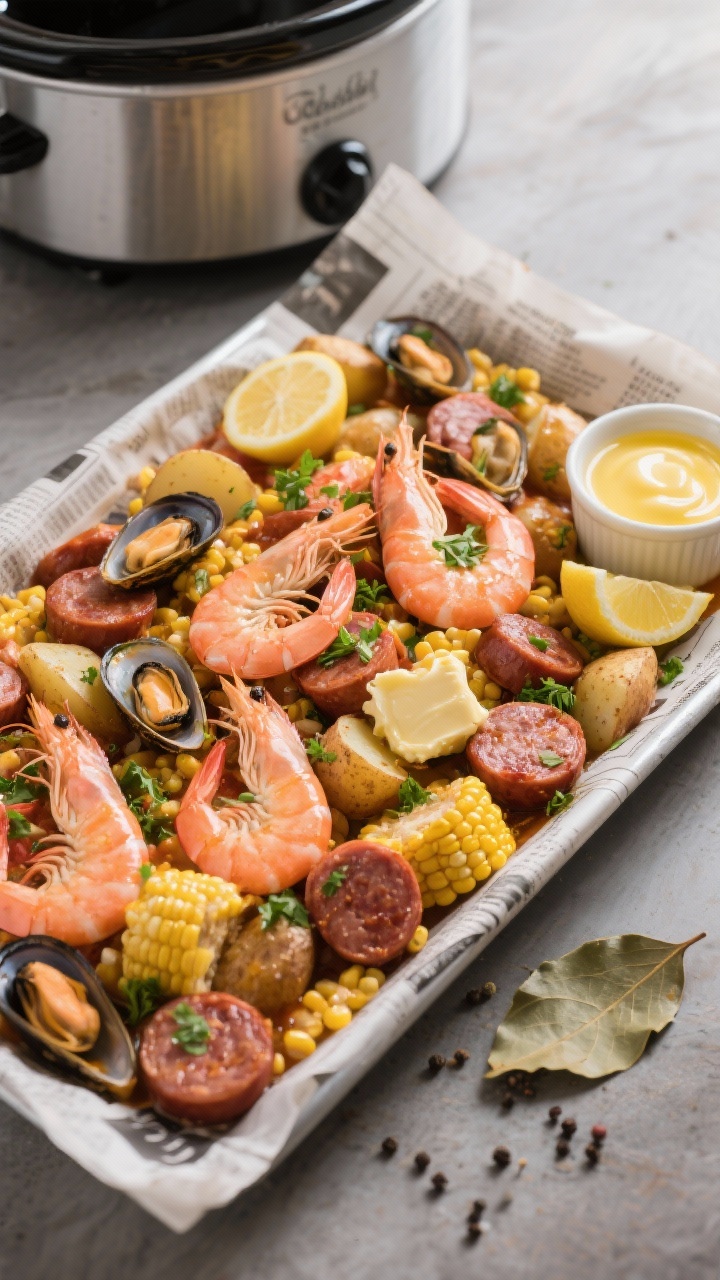 Final presentation top view: Overhead shot of the finished Crockpot Seafood Boil poured onto a parch