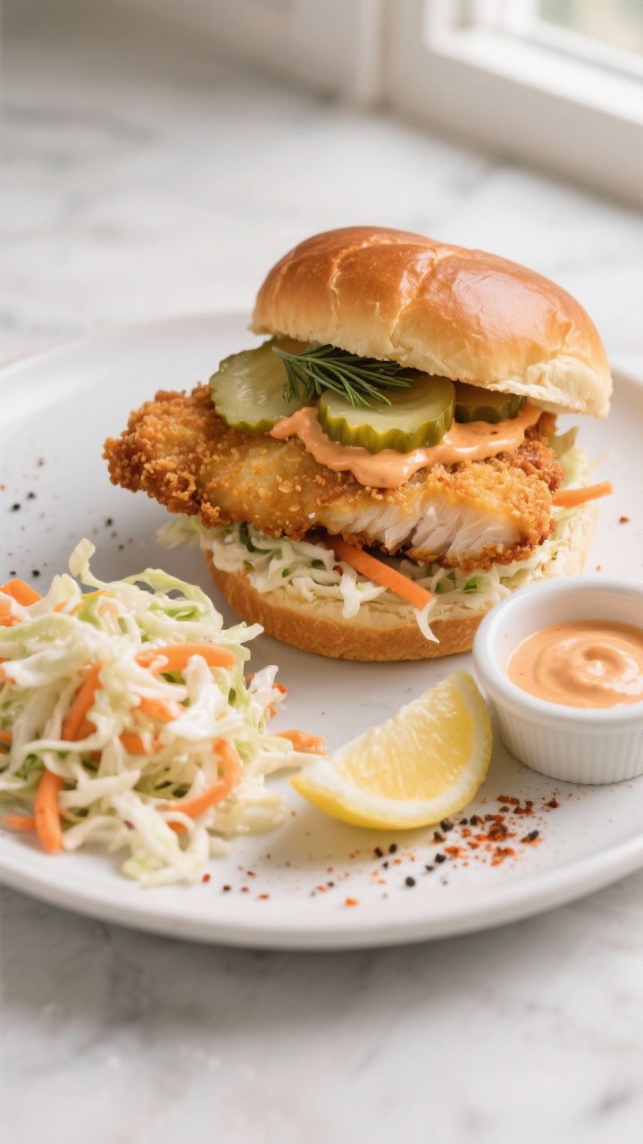 Final sandwich overhead: Overhead shot of a Southern crispy catfish sandwich on a warm brioche bun, 