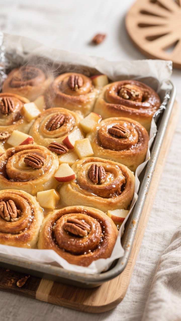 Overhead cooking process shot of an Apple Cinnamon Roll Bake mid-bake in a 9x13 pan just pulled from