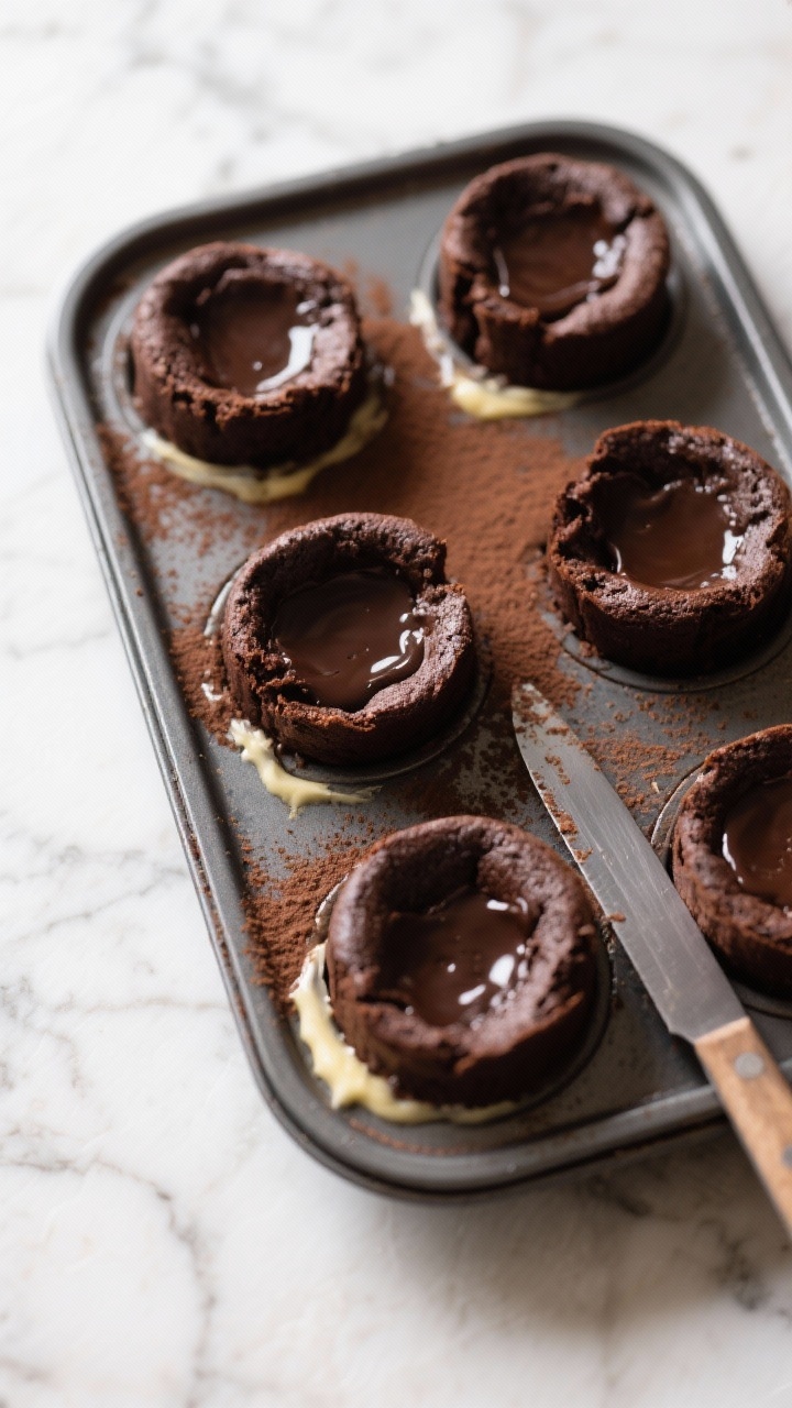 Overhead cooking-process shot: Six mini lava cakes in a buttered-and-cocoa-dusted muffin pan just ou