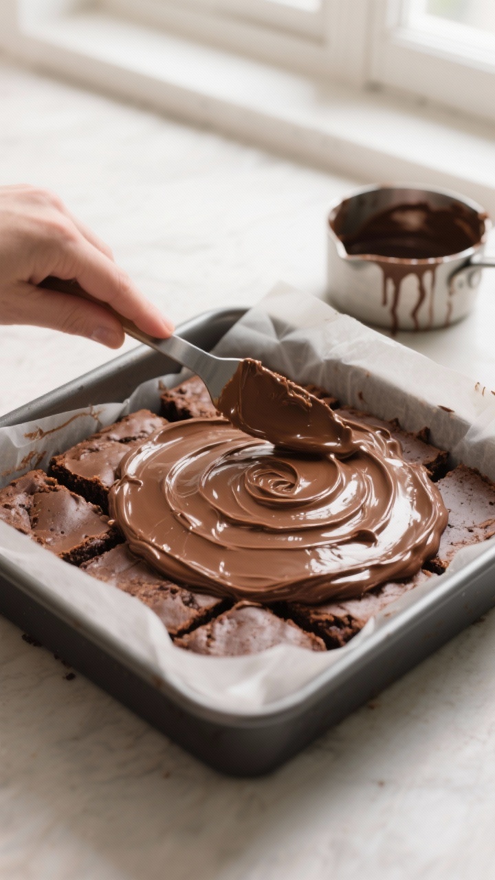 Overhead cooking-process shot: Warm brownies still in the lined 8x8 pan as the freshly made glossy c
