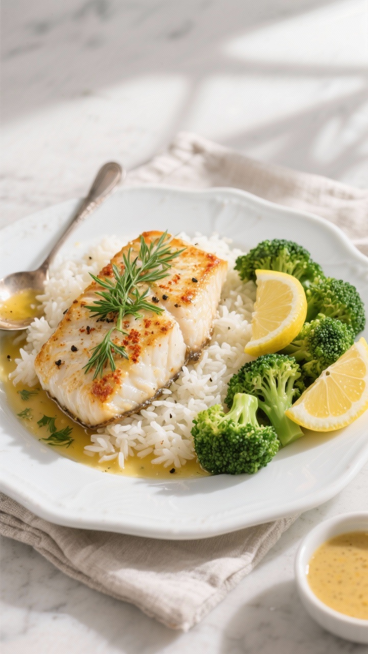 Overhead final plate: Restaurant-quality presentation of baked cod fillets on a white ceramic plate,