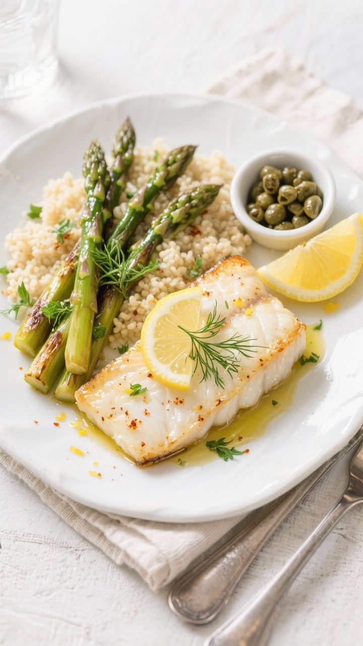 Overhead final plated dish: two halibut fillets on a white ceramic plate with a side of roasted aspa