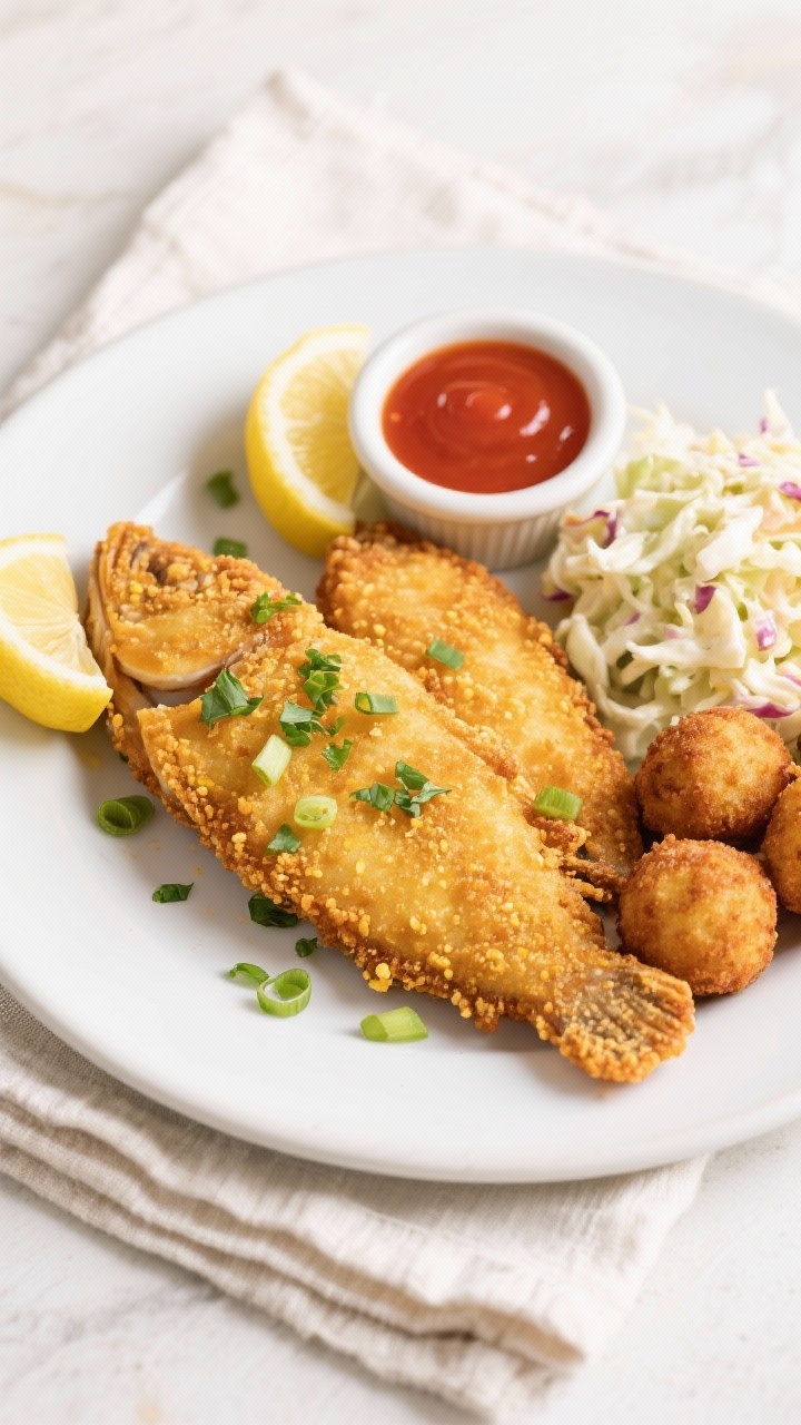 Overhead final plating of crispy fried catfish on a matte white plate: two deep-golden fillets with 