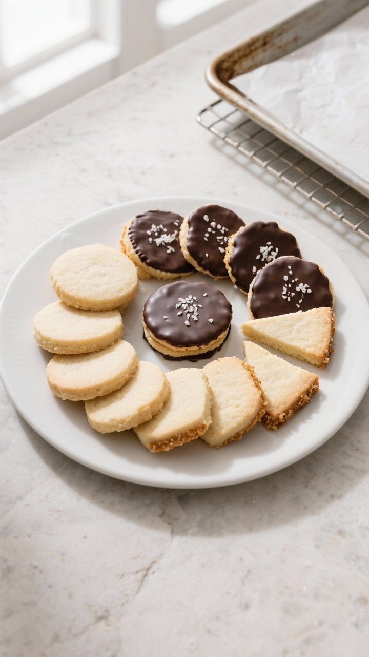 Overhead final presentation: an assortment of 3-ingredient shortbread in three shapes—neat 1/4-inc