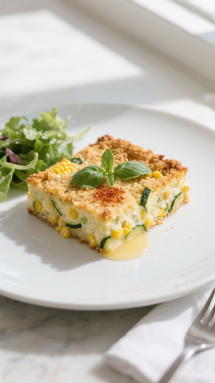 Overhead final presentation of a neatly sliced square of zucchini corn casserole plated on a matte w