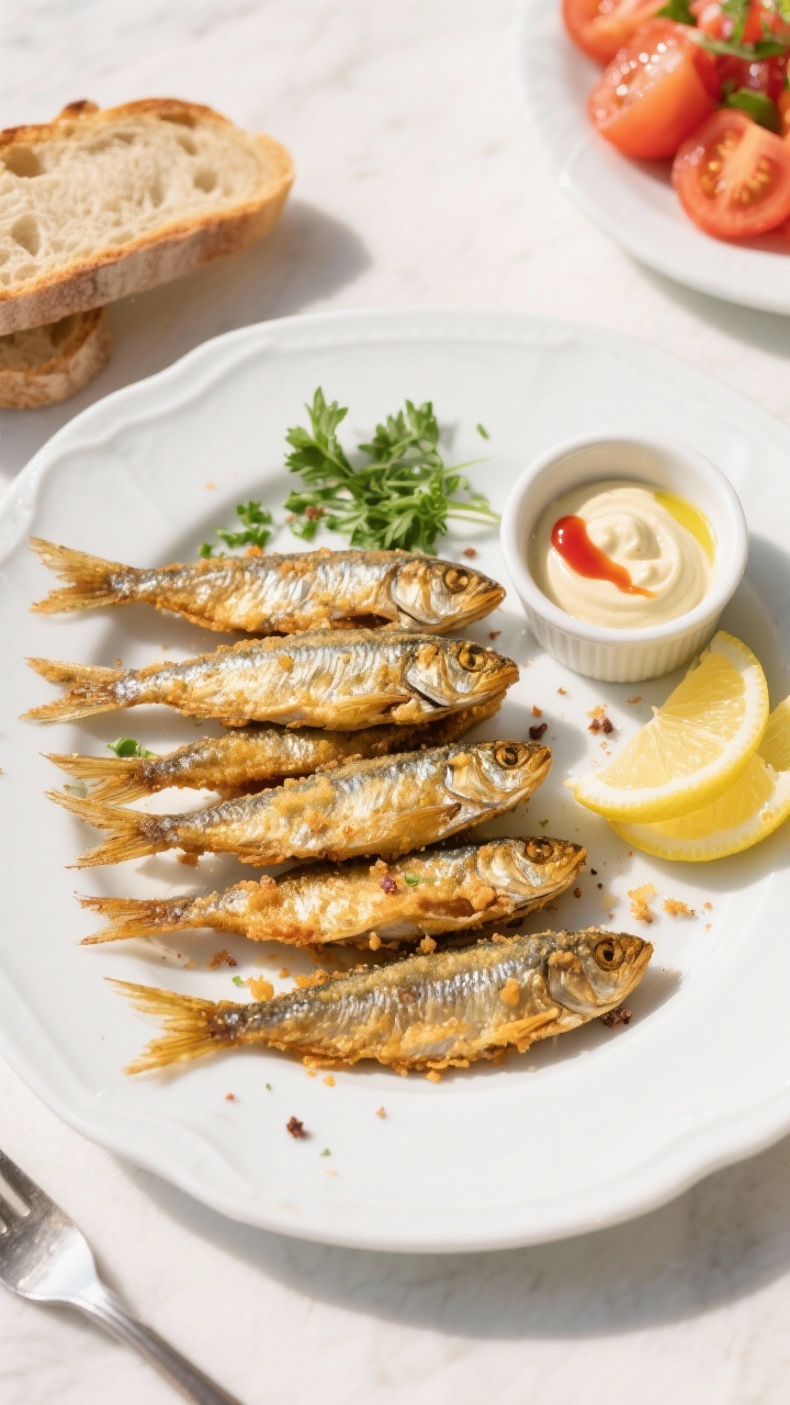 Overhead final presentation of a platter of golden fried sardines arranged in a neat stack with tail