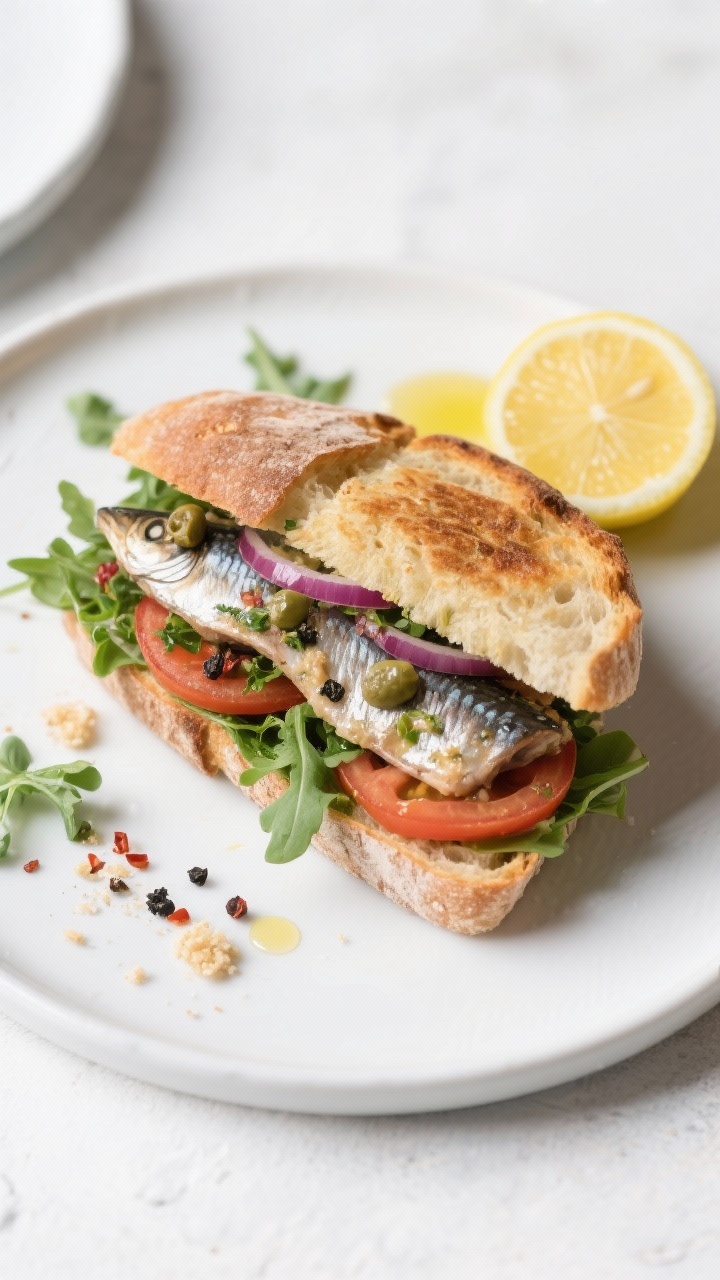 Overhead final presentation of a toasted sourdough sardine sandwich, sliced on the bias and slightly