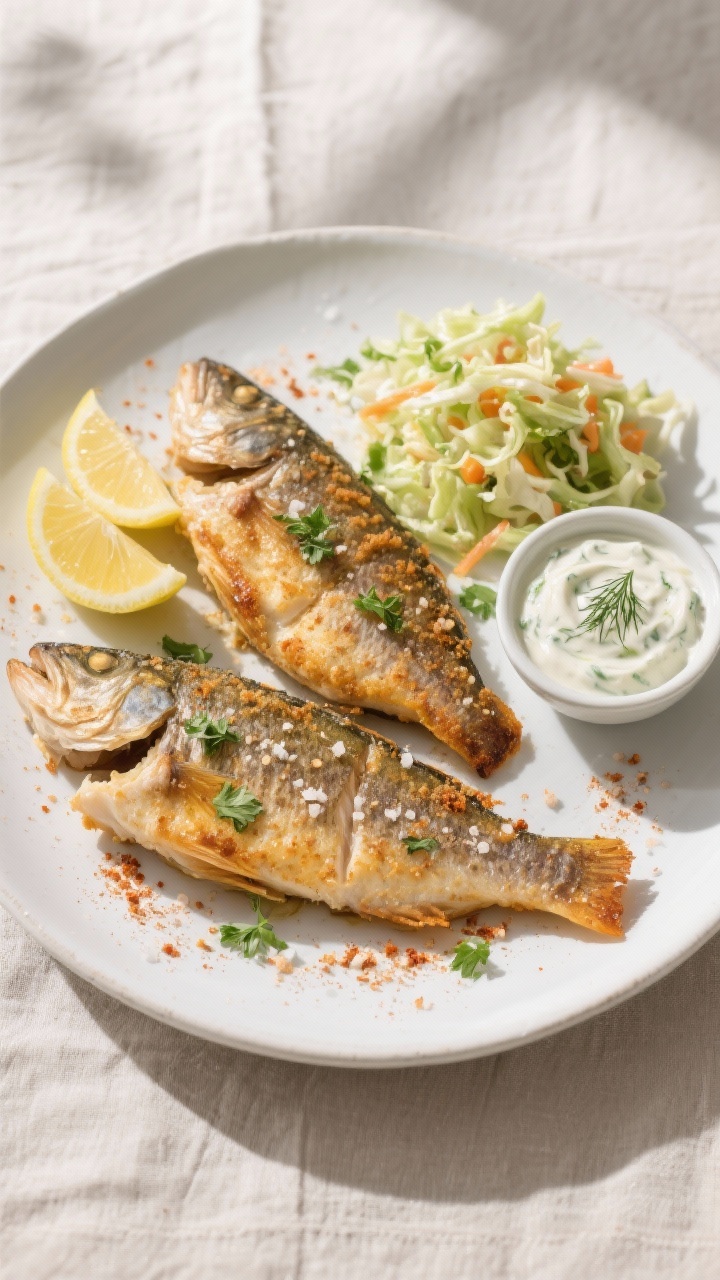 Overhead final presentation of Air Fryer Walleye: two crisply coated fillets on a white ceramic plat