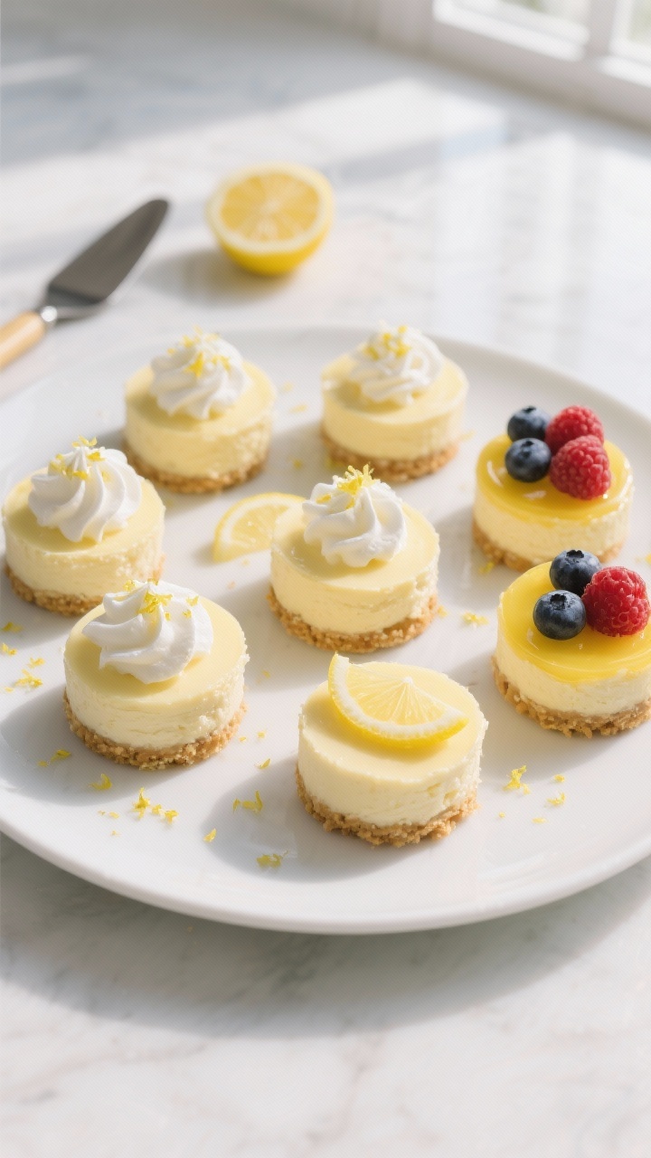 Overhead final presentation of assorted mini lemon cheesecakes on a matte white platter: some topped