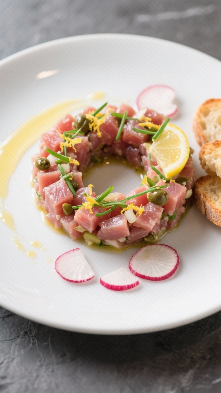 Overhead final presentation of classic tuna tartare: fine 1/4-inch dice of tuna gently bound with ol