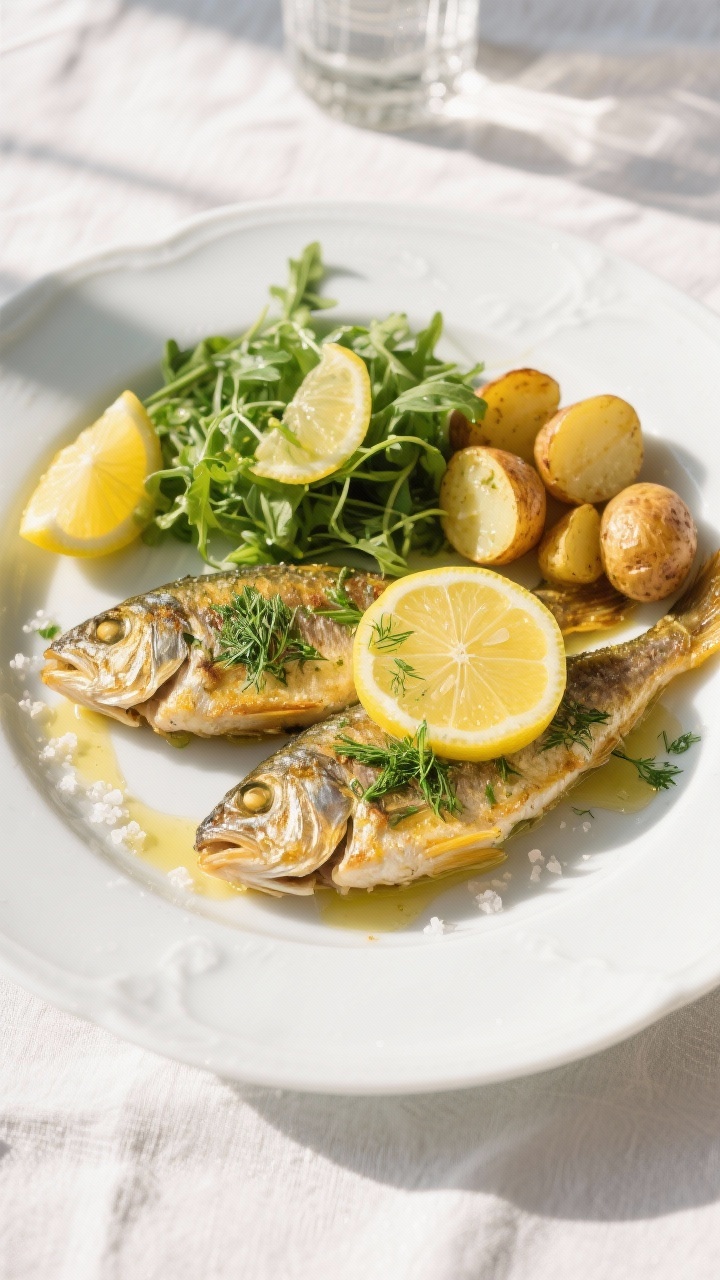 Overhead final presentation of lemon-herb baked perch plated restaurant-style: two fillets on a whit