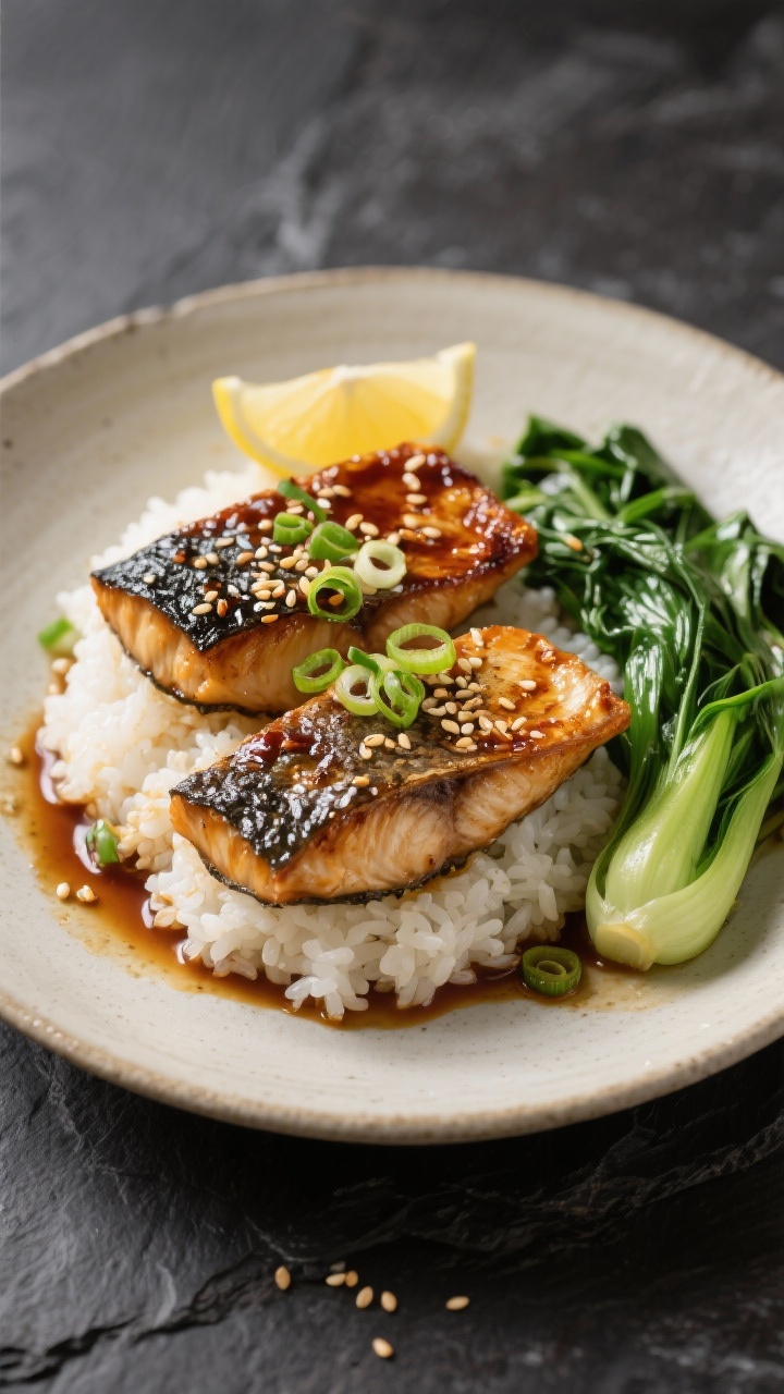 Overhead final presentation of miso-baked black cod plated restaurant-style: two glistening fillets 