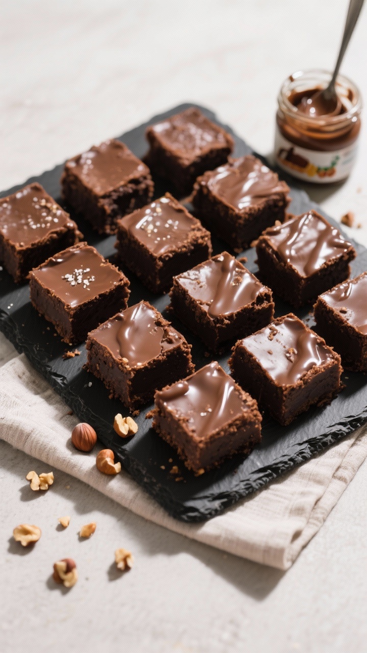 Overhead final presentation of neatly cut brownie squares arranged in a grid on a matte black slate 