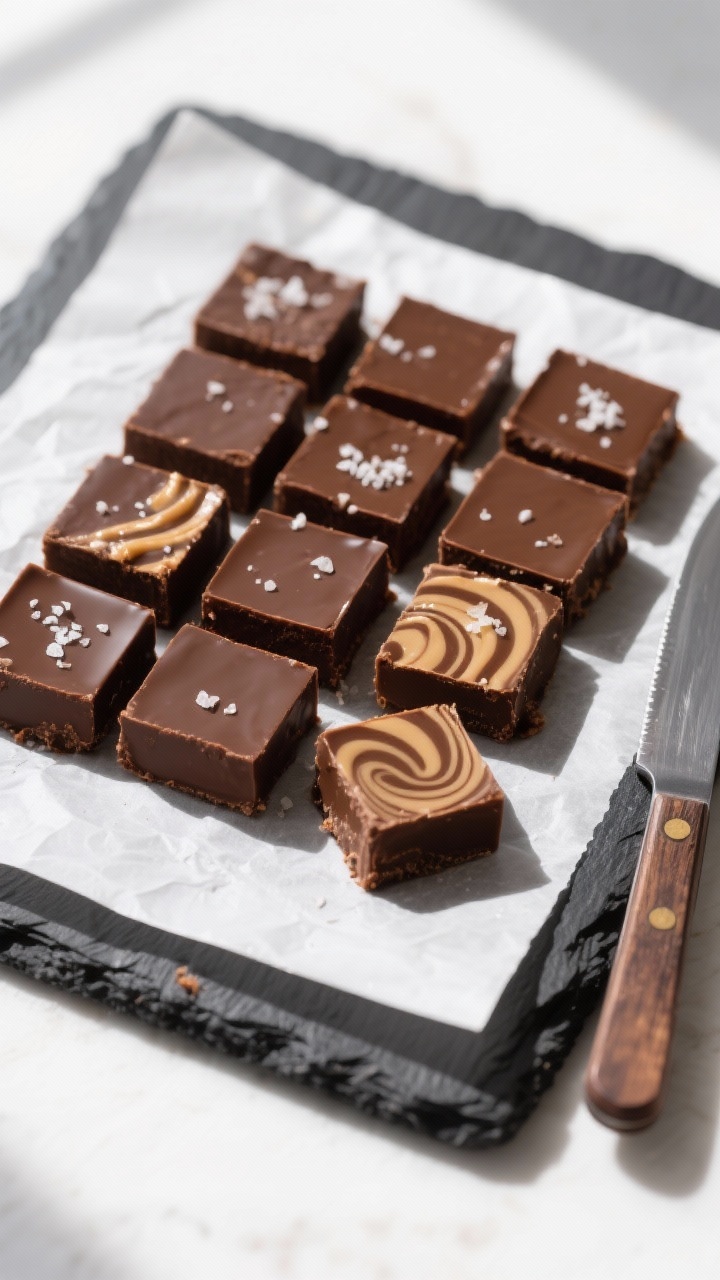 Overhead final presentation of perfectly set chocolate fudge sliced into neat, bite-size squares wit