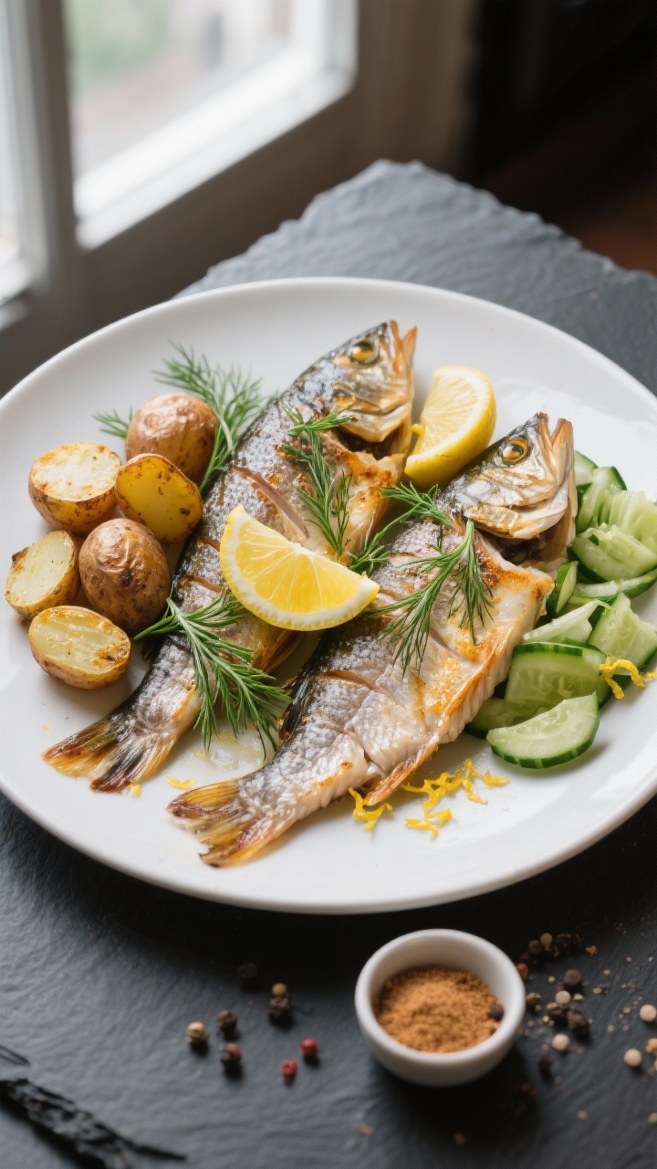 Overhead final presentation of smoked walleye plated: two skin-on fillets flaked slightly to reveal 