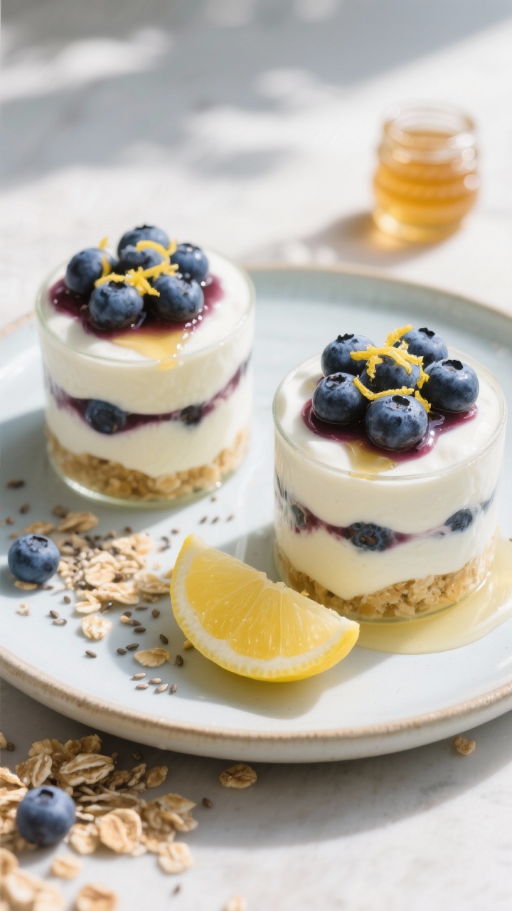 Overhead final presentation of two finished lemon blueberry yogurt parfaits on a light ceramic plate