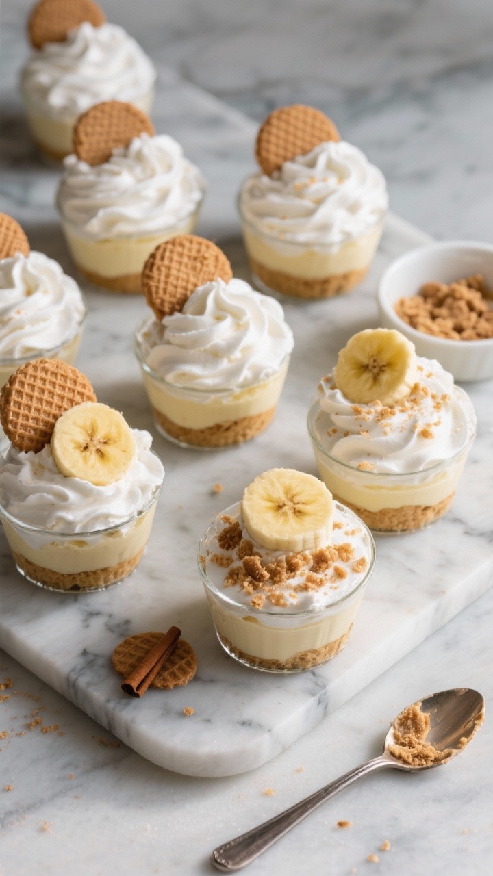 Overhead final presentation shot of multiple no-bake banana pudding cups arranged on a cool-toned ma