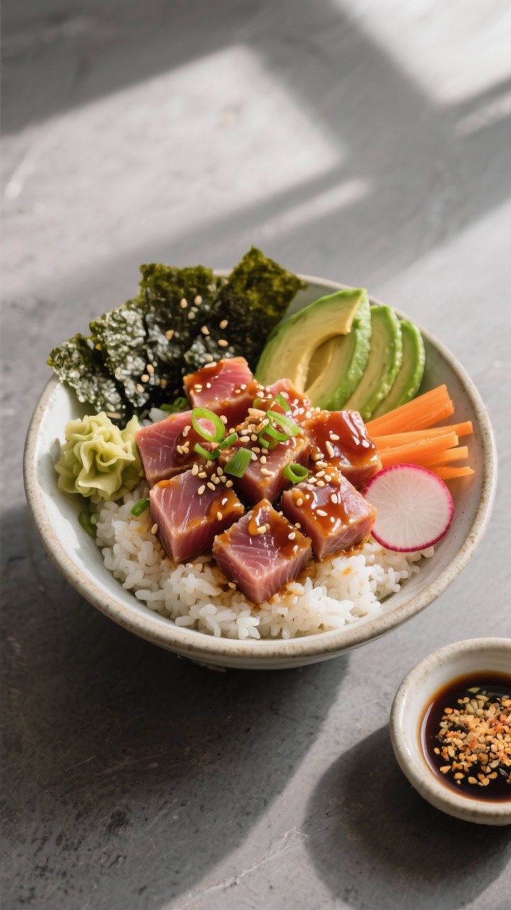 Overhead shot of a composed tuna sushi bowl, ready to eat: glossy seasoned sushi rice as the base, n