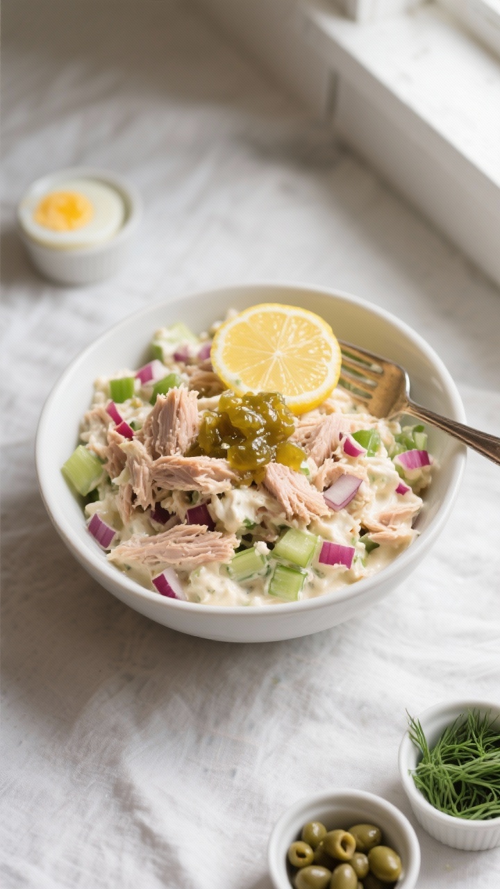 Overhead shot of a creamy classic tuna salad in a matte white mixing bowl right after mixing, showin
