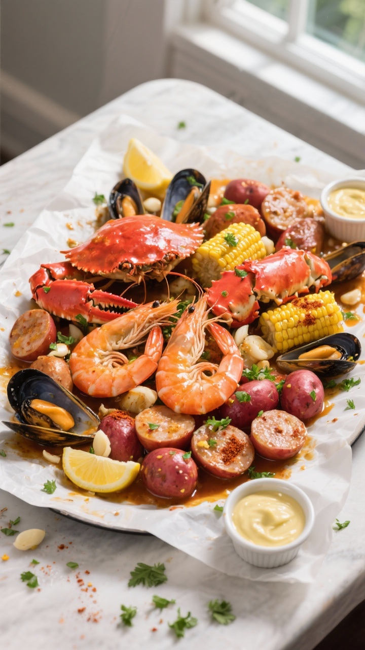 Overhead shot of a finished Garlic Butter Seafood Boil poured onto parchment-lined table: glistening
