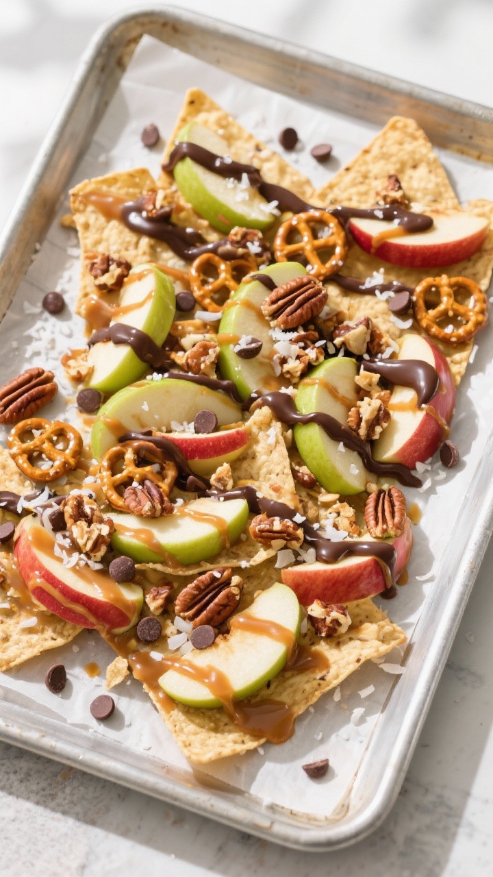 Overhead shot of a freshly assembled caramel apple nachos platter: thin, overlapping slices of Grann