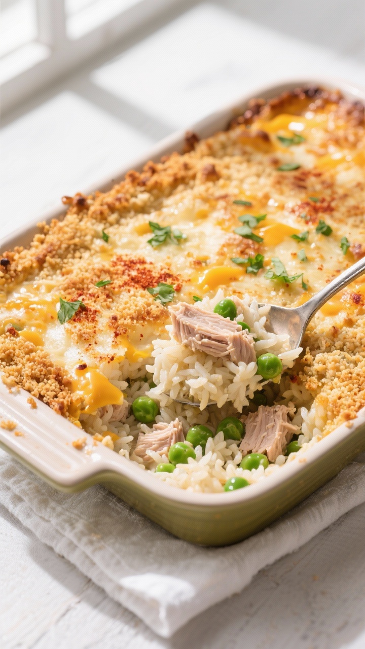 Overhead shot of a freshly baked tuna rice casserole just out of the oven in a 9x13 ceramic dish: bu