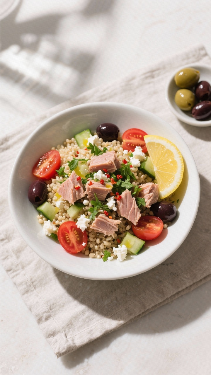 Overhead shot of a Mediterranean Tuna Bowl, fully assembled and ready to eat: fluffy quinoa base top