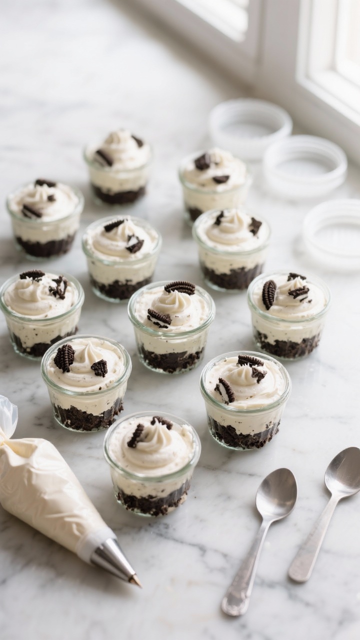 Overhead shot of assembled no-bake Oreo cheesecake cups just after filling, before garnishing: 8–1