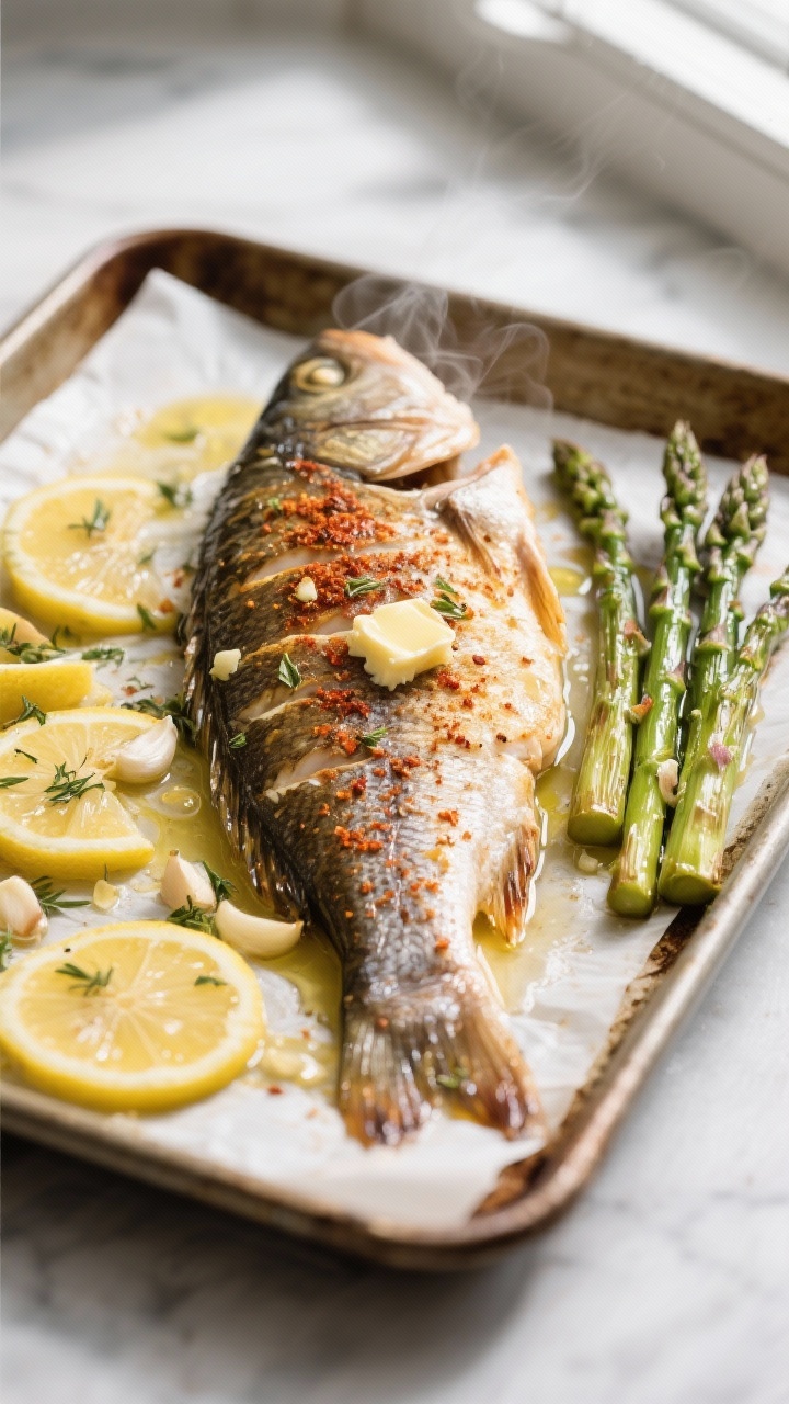Overhead shot of baked walleye just out of the oven on a parchment-lined sheet pan, fillets glisteni