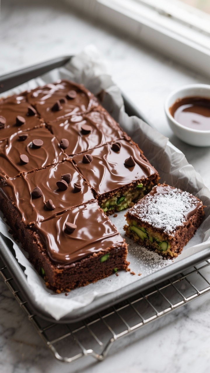 Overhead shot of freshly baked chocolate zucchini sheet cake in a parchment-lined 9x13 pan, glossy c