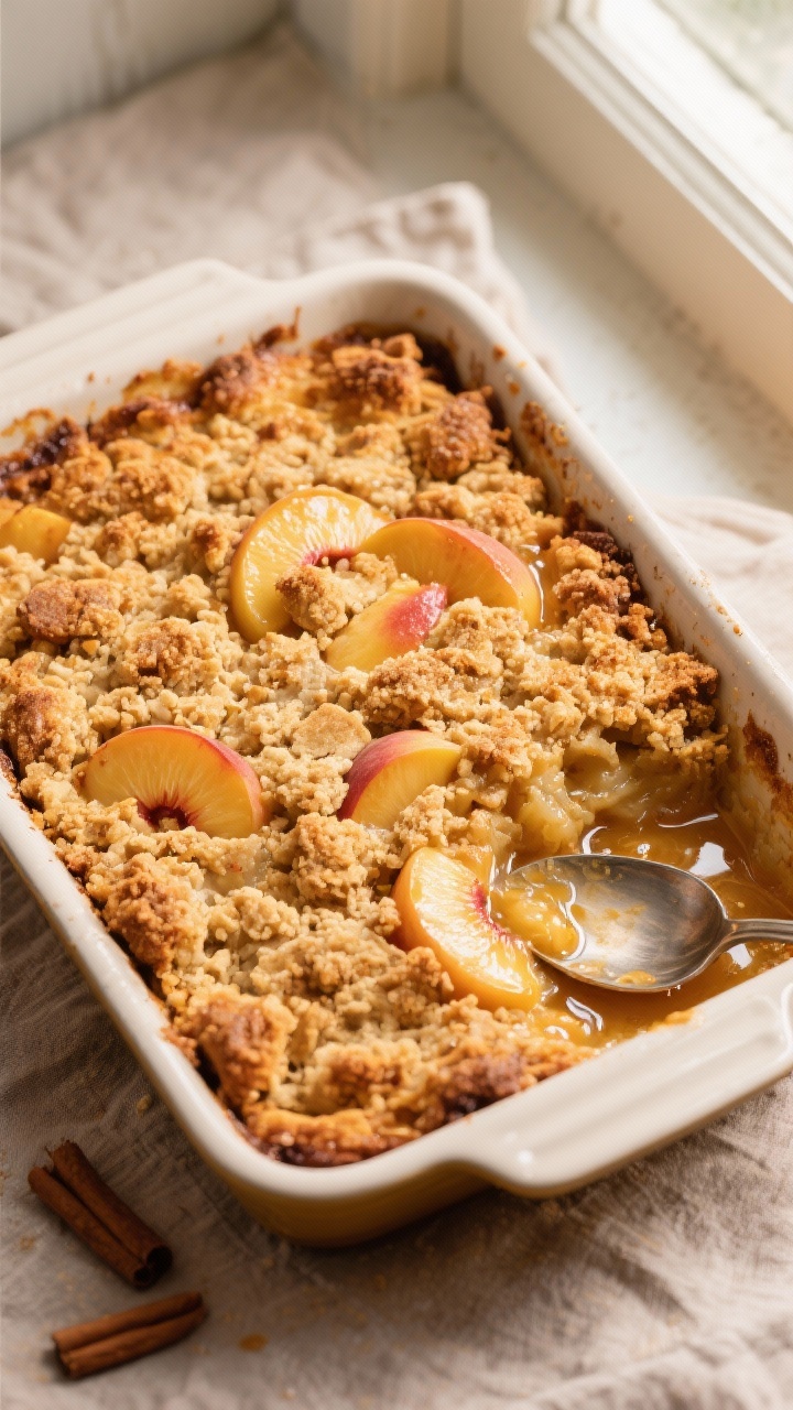 Overhead shot of freshly baked peach dump cake in a 9x13-inch baking dish, top deeply golden and cri