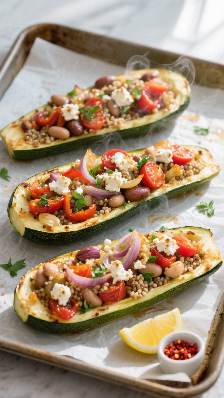 Overhead shot of freshly baked vegetarian zucchini boats on a parchment-lined sheet pan, cut-side up