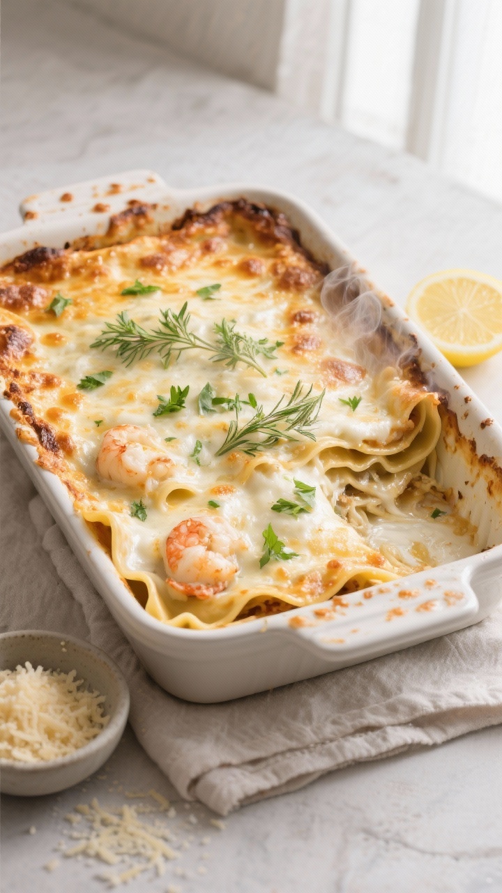 Overhead shot of freshly baked white sauce seafood lasagna just out of the oven, golden and bubbly t
